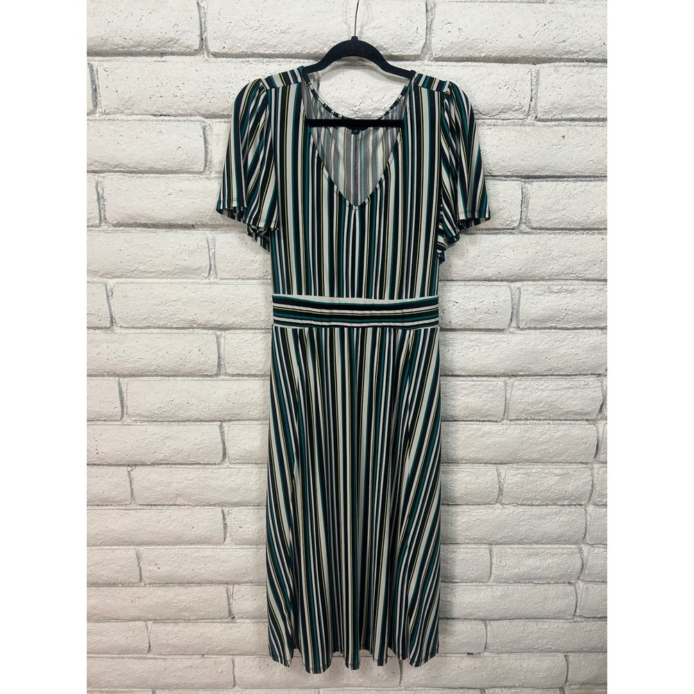 Torrid Striped Flutter Sleeve V-Neck Midi Dress Teal Yellow Black Size 2X